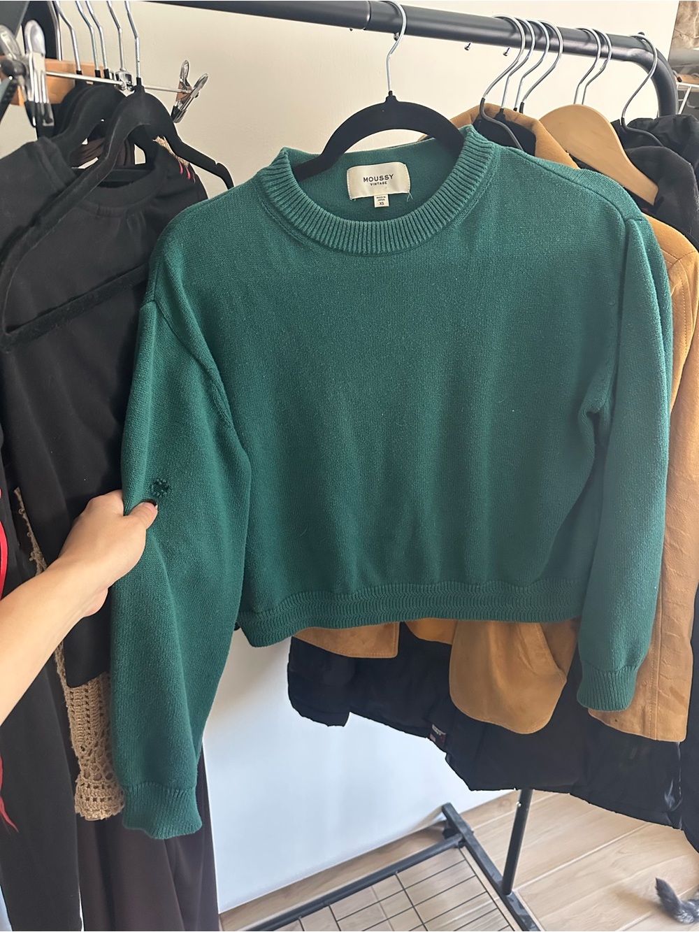 Moussy Teal Green Cropped Crewneck Sweater